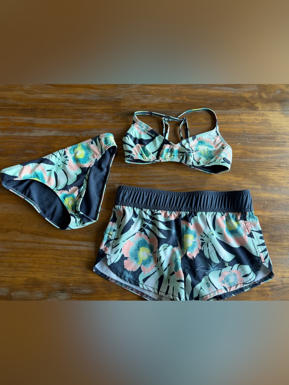 Roxy Floral Black Pink Mint Bikini Top, Bottoms & Shorts Set